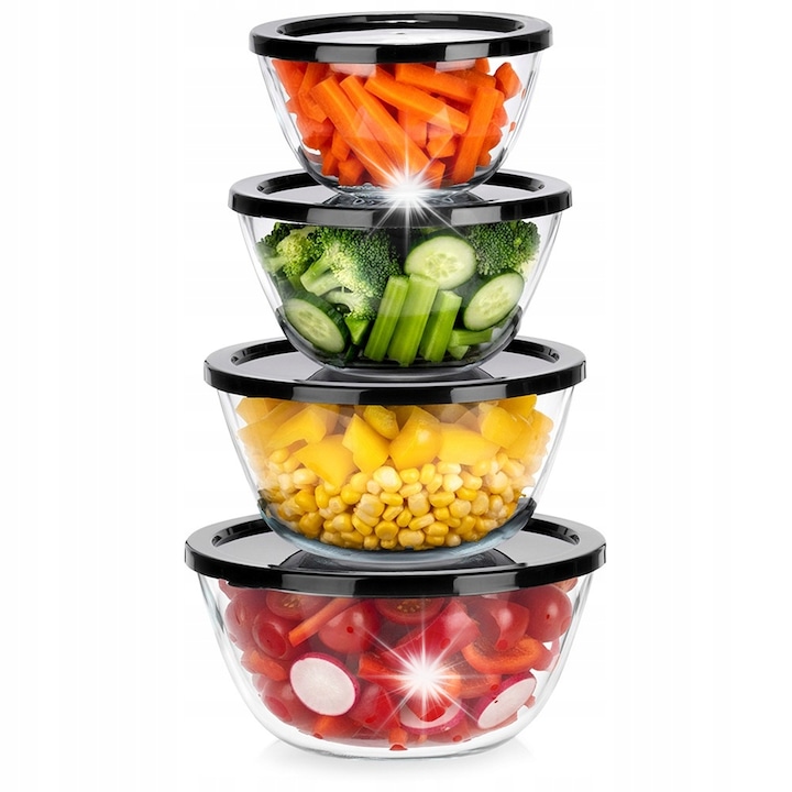 Set 4 boluri cu capac din sticla Miski KUCHENNE, rotunde