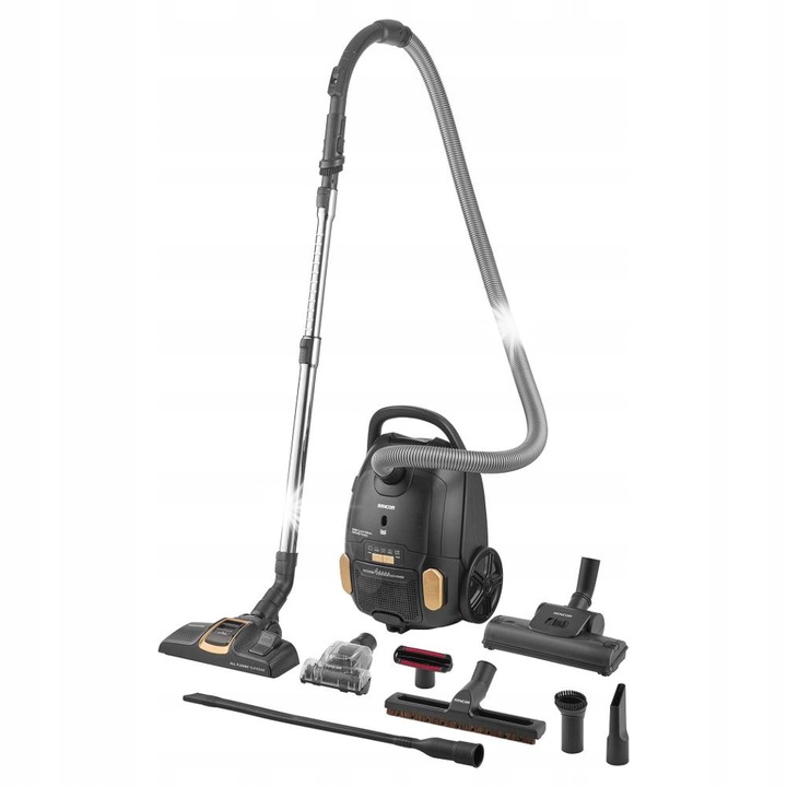 Aspirator cu sac Sencor SVC 8330BK, 800W, filtru HEPA, set accesorii, negru/auriu