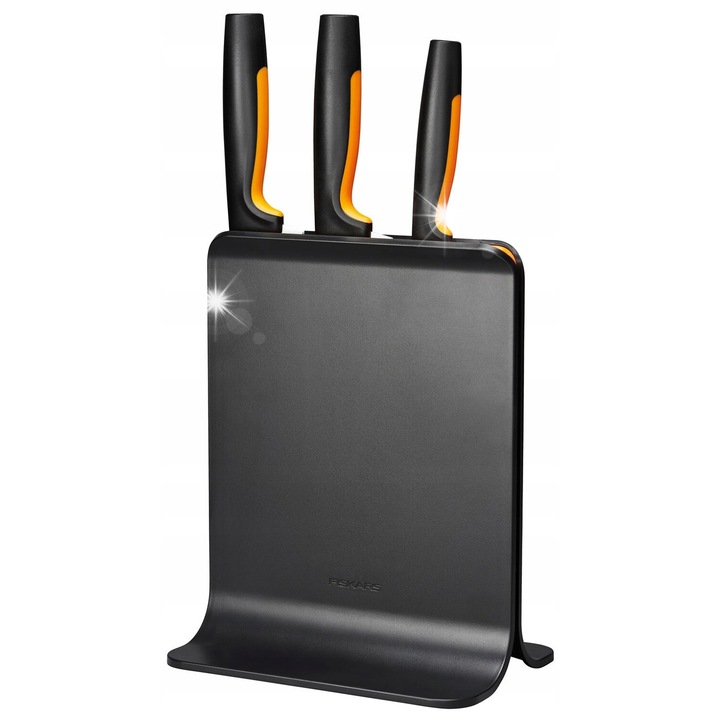 Set de cutite Fiskars, 3 cutite din otel japonez, bloc negru, 20cm, 16cm, 11cm