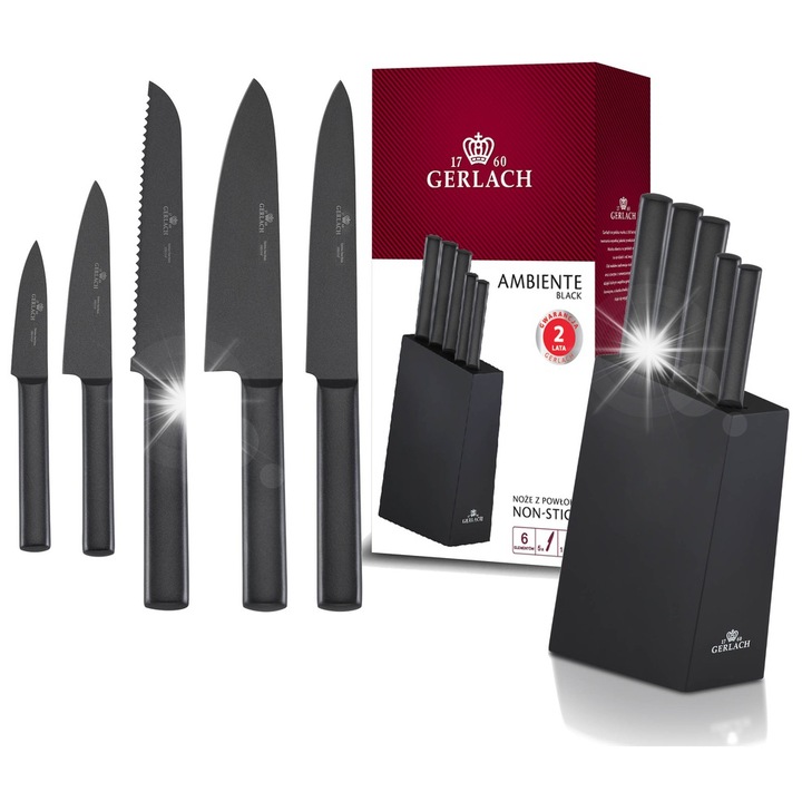 Set 5 cutite de bucatarie Gerlach, bloc din lemn, inox, negru, 20x20x10cm