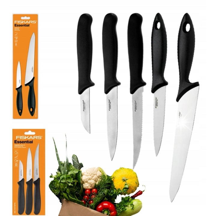 Set 5 cutite de bucatarie Fiskars Essential, inox, negru si otel, 21x11x11x7x12cm