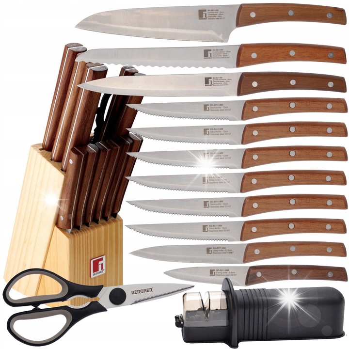 Set 13 piese cutite si foarfeca in bloc, Bergner, Natural, otel, lemn