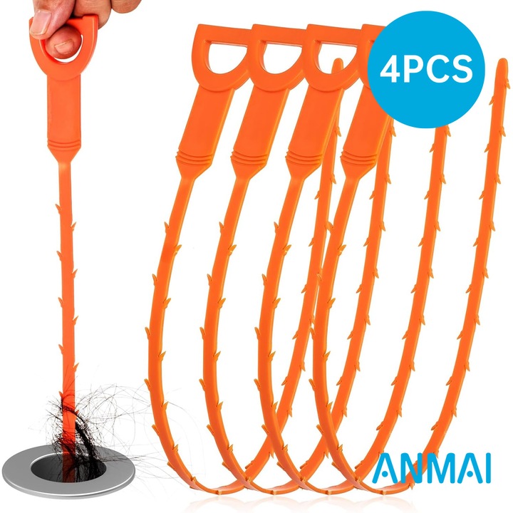 Anmai Отстраняващ препарат за запушвания, Комплект от 4 броя 50 см, Гъвкав прът за оттичане, Отстранява коса и мръсотия от тръбите на мивка, душ, вана, тоалетна, с ергономична дръжка