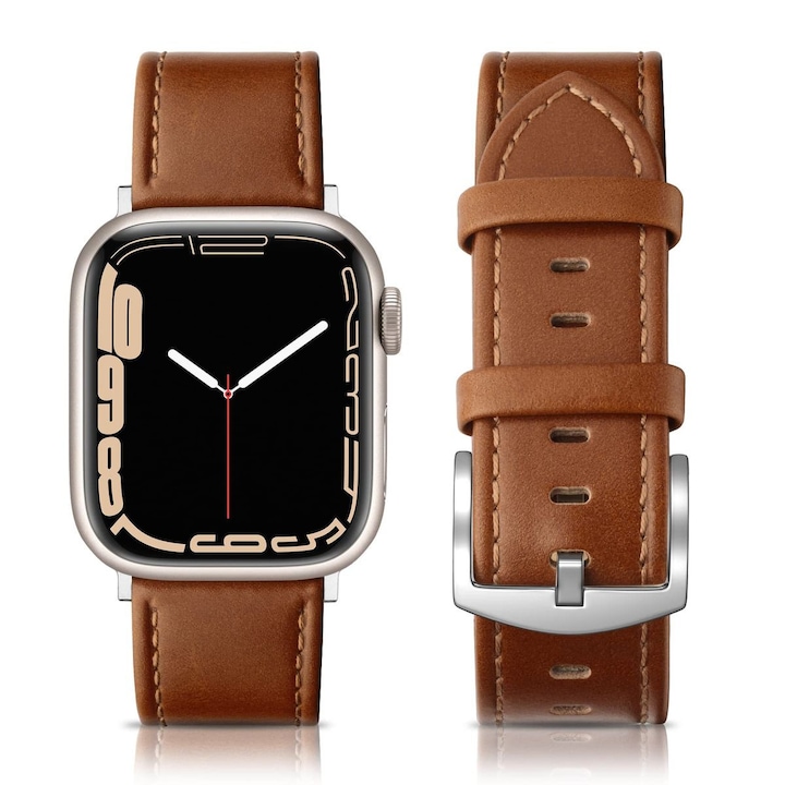 Curea din Piele ECO pentru Apple Watch, Unisex, Maro – Casica, Reglabila, Compatibila Seria 1–9 / SE / Ultra (42–44 mm / 45 mm)