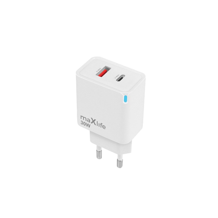 Maxlife MXTC-09-30AC 30W gyorstöltőfej USB + USB-C PD/QC – fehér