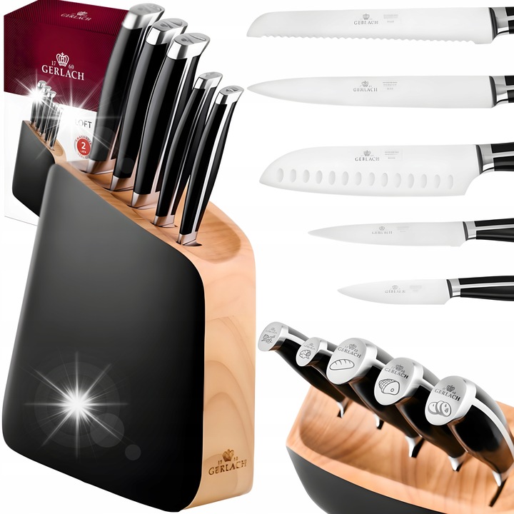 Set 5 cutite de bucatarie Gerlach Loft, inox, bloc din lemn, negru