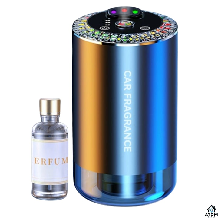 Odorizant auto ATOM Deals® cu difuzie nanos, lumina ambientala RGB muzicala, purificator aer, activare automata la vibratie, parfum cologne ocean, aluminiu premium, negru
