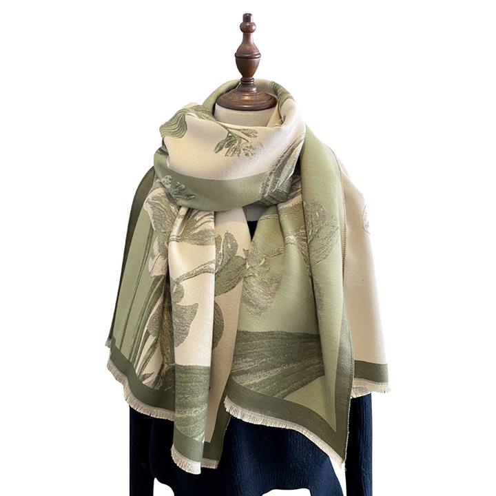 Esarfa dama, design peisaj, doua culori, 65x185cm, verde