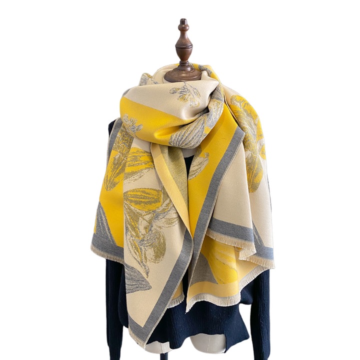 Esarfa dama, design peisaj, doua culori, galben, 65x185cm