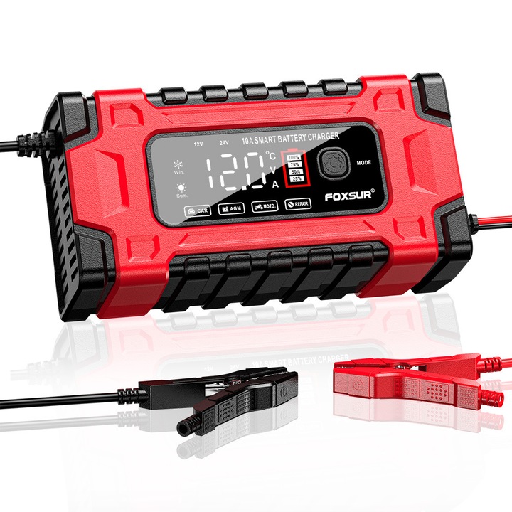 Redresor auto 10A, 12V/24V, incarcare automata, protectie termica, pentru baterii plumb-acid, AGM, LiFePO4