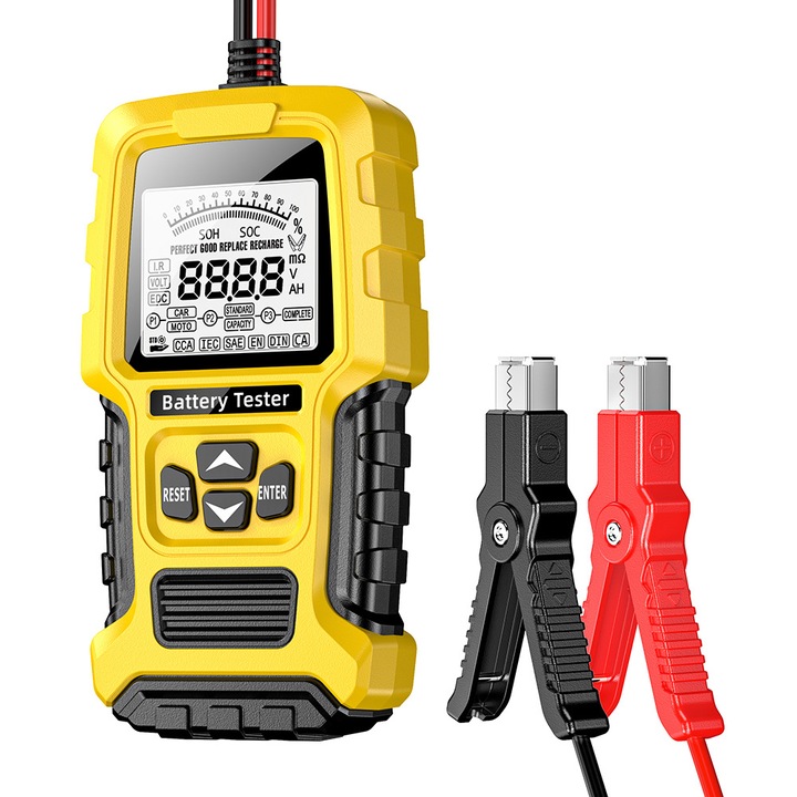 Autó akkumulátor teszter, 12V 24V, LCD, 3AH-200Ah, 170x90x35mm, sárga