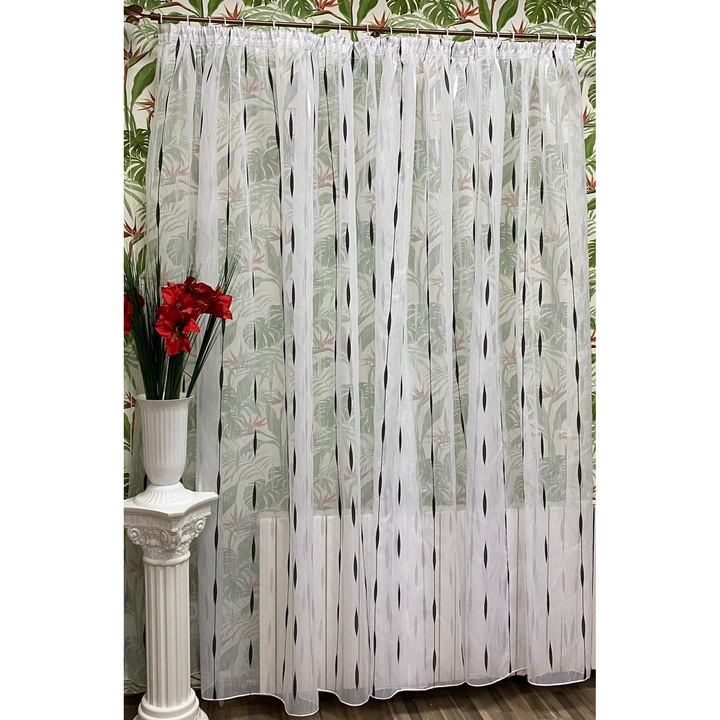 Perdea alba brodata mecanic, LIZ LINE, Joc de linii, rejansa, alb, 200x245cm