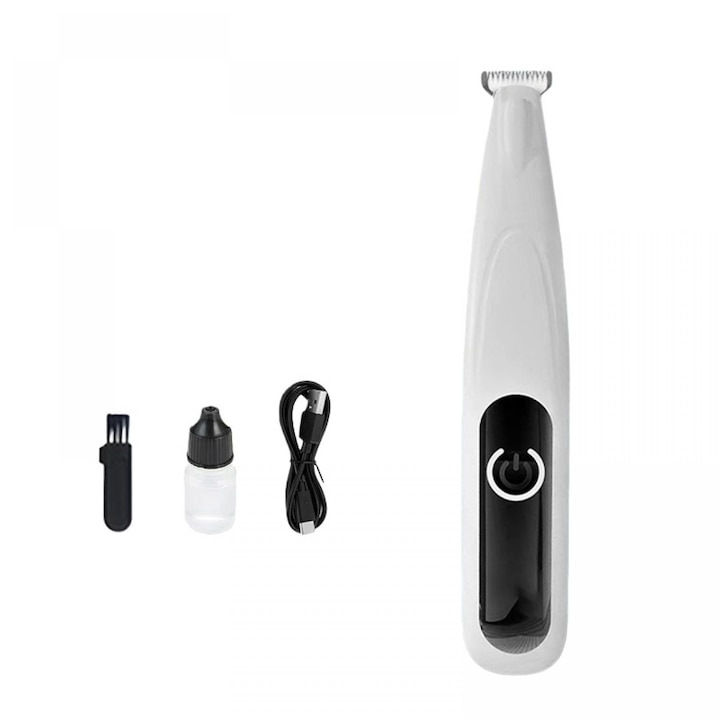 Машинка за подстригване на домашни любимци, кучета и котки, нож от неръждаема стомана, дълъг живот на батерията, с аксесоари, 500mAh батерия, 6000 RPM, безшумна, дисплей, идеална четка за подстригване на лапи, уши, лице и очи, бяла