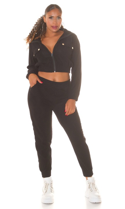 Set trening dama 2 piese hanorac scurt cu fermoar si pantaloni negru L