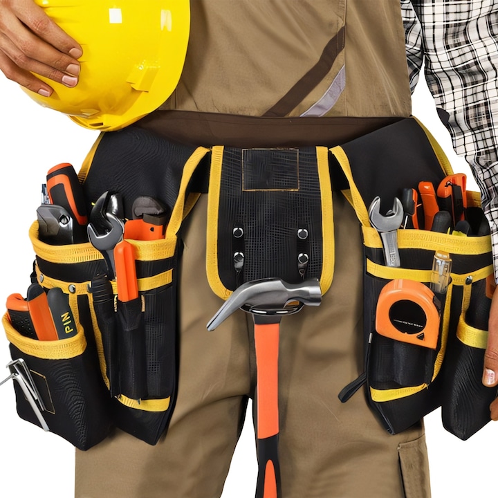 Centură pentru unelte Retoo, 22 buzunare, suport pentru ciocan, negru-portocaliu, 133 cm