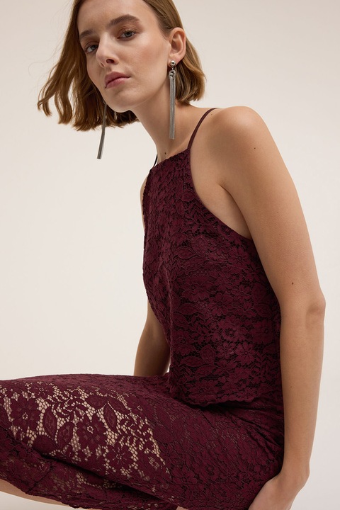 MOTIVI, Top cu decolteu patrat si strat exterior din dantela, Visiniu