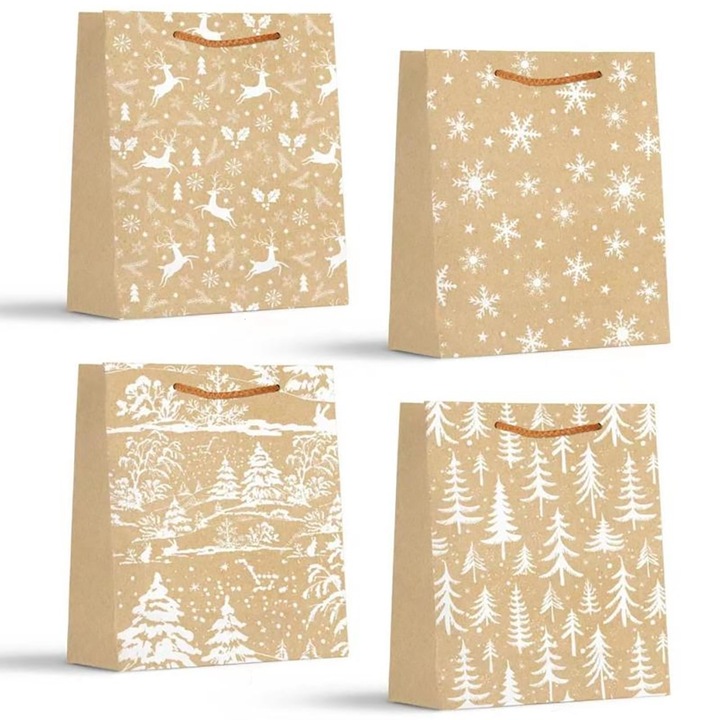 Set 4 Pungi Cadou de Craciun, 32×26x10 cm, cu Tematica de Sarbatori, Crem, E5521