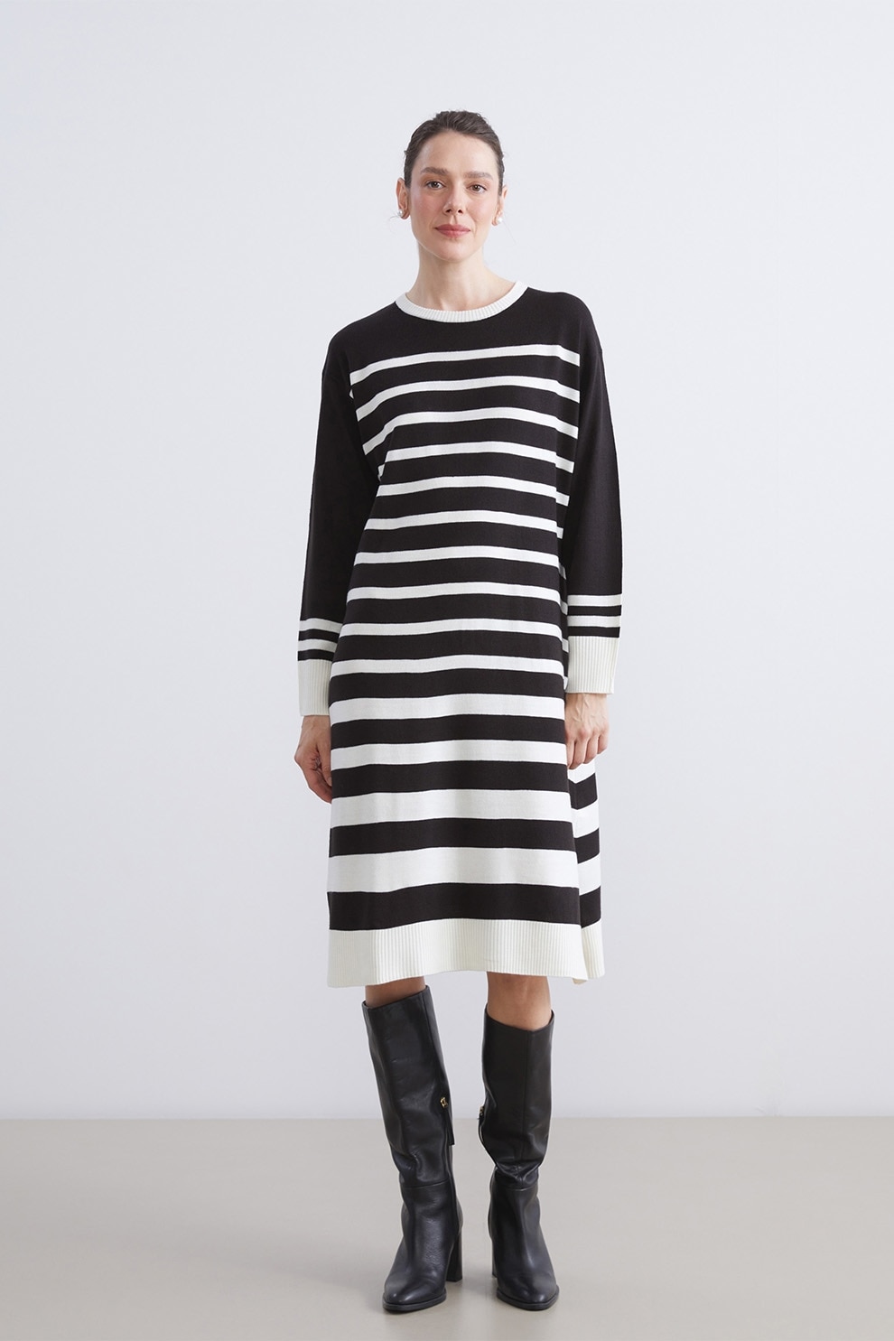 LC WAIKIKI, Rochie lejera tricotata cu dungi, Alb, Negru, 2XL