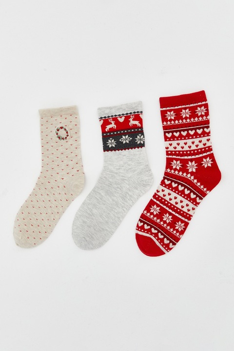 LC WAIKIKI, Set de sosete lungi cu model tematic de Craciun - 3 perechi, Rosu/Maro nisip/Gri deschis melange, 36-38