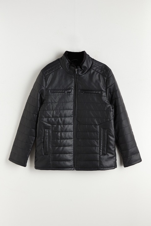 LC WAIKIKI, Jacheta din piele ecologica cu guler scurt, Negru