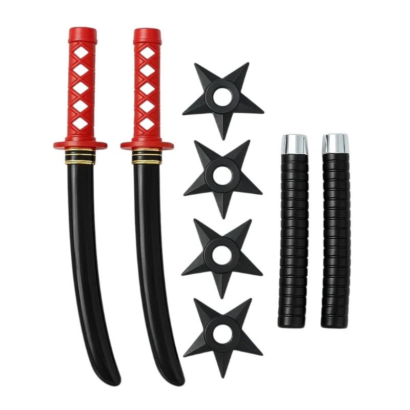 Set de arme ninja cu 2 sabii, 2 cutite si suport penrtu arme