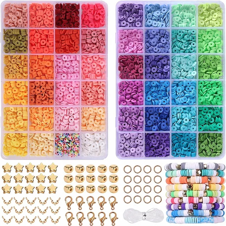 Set 4800 de Perle Heishi din Argila – DIY Bijuterii Unice, Accesorii Incluse, Ideal pentru Creativitate si Activitati Parentale