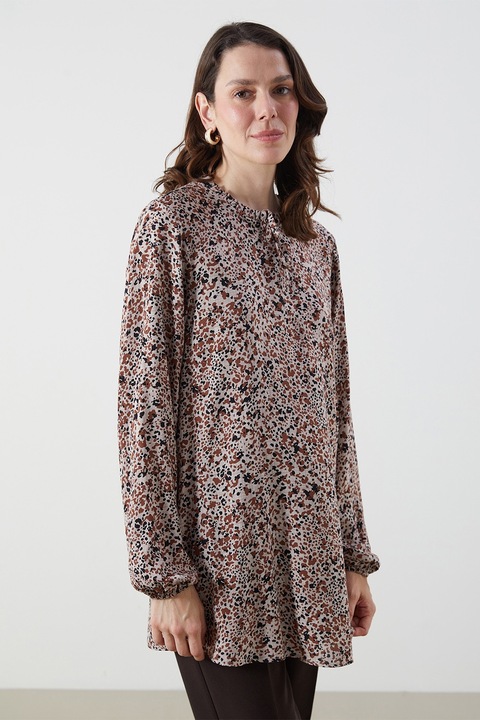 LC WAIKIKI, Bluza tunica cu animal print, Negru/Maro/Maro taupe deschis