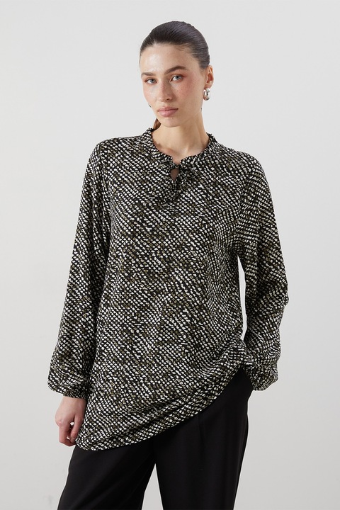 LC WAIKIKI, Bluza tunica cu animal print, Alb/Negru/Kaki inchis