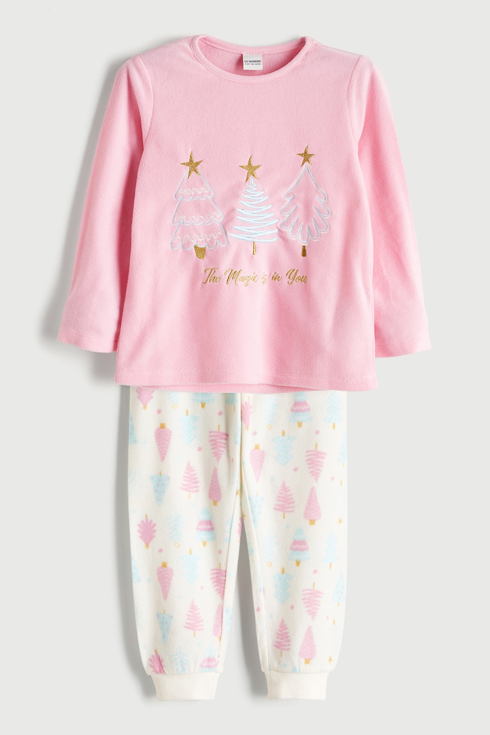 LC WAIKIKI, Pijama pufoasa cu maneci lungi si imprimeu tematic de Craciun, Alb, Auriu, Roz pastel, 92-98 CM