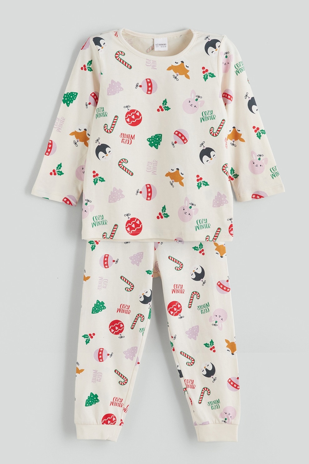 LC WAIKIKI, Pijama cu pantaloni lungi din bumbac si model tematic de Craciun, Verde, Violet deschis, Crem, 98-104 CM