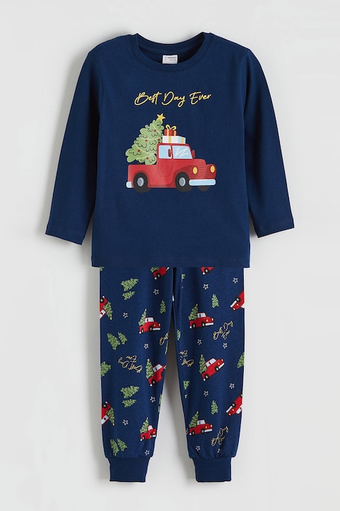 LC WAIKIKI, Pijama cu pantaloni lungi si imprimeu tematic de Craciun, Rosu/Verde/Bleumarin