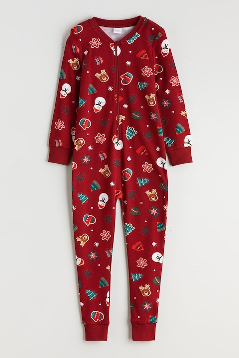 LC WAIKIKI, Salopeta de pijama cu model tematic de Craciun, Alb/Rosu inchis/Verde persan