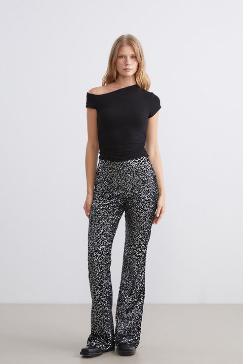 LC WAIKIKI, Pantaloni evazati cu paiete, Argintiu/Negru