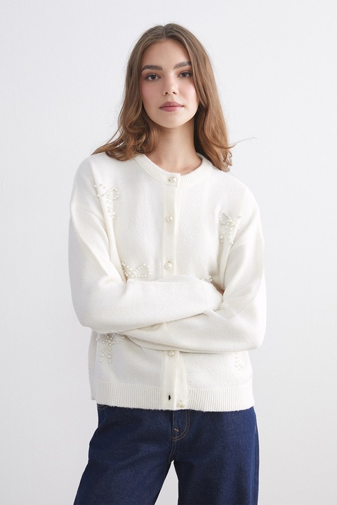 LC WAIKIKI, Cardigan cu aplicatii din margele, Alb fildes