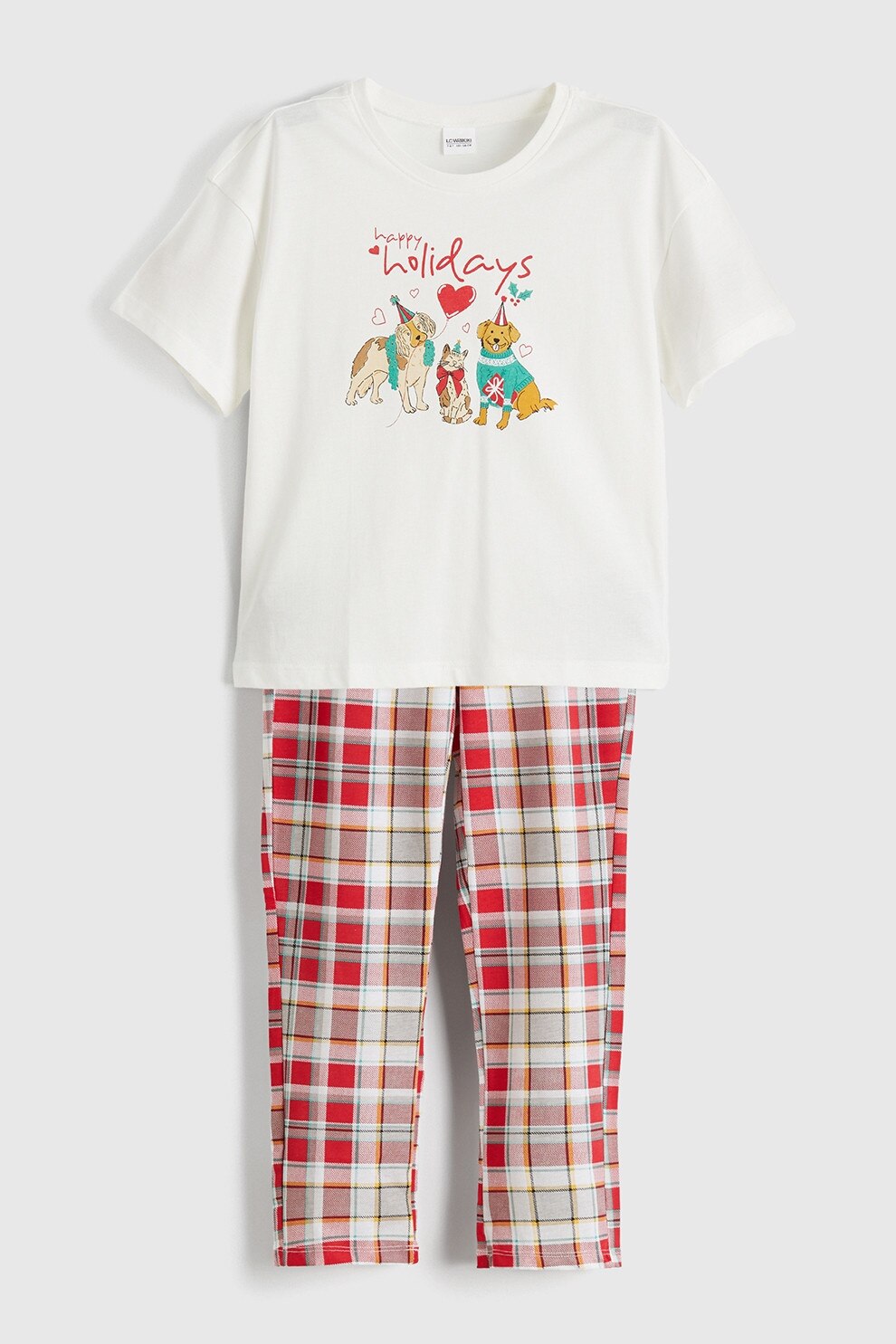LC WAIKIKI, Pijama din bumbac cu model, Rosu, Alb murdar, Mustar, 128-134 CM