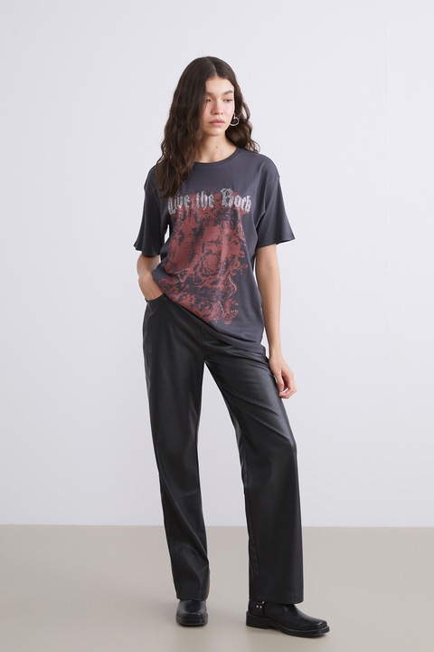 LC WAIKIKI, Pantaloni drepti din piele ecologica, Negru, L