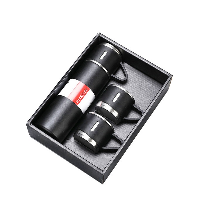 Set Termos cu 2 Cani, Negru, 500 ml, Design Elegant, Perete Dubli Vacuum