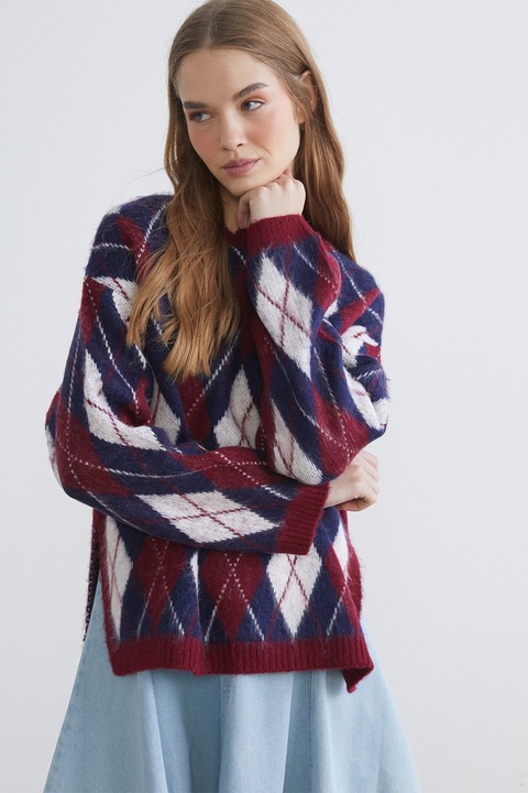 LC WAIKIKI, Pulover cu model argyle, Alb/Visiniu/Bleumarin