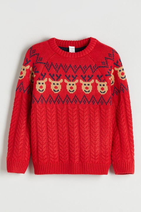 LC WAIKIKI, Pulover cu model de Craciun si model torsade, Rosu/Maro deschis/Bleumarin