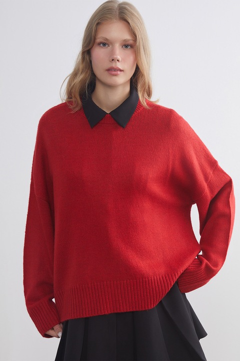LC WAIKIKI, Pulover supradimensionat cu decolteu rotund, Rosu inchis