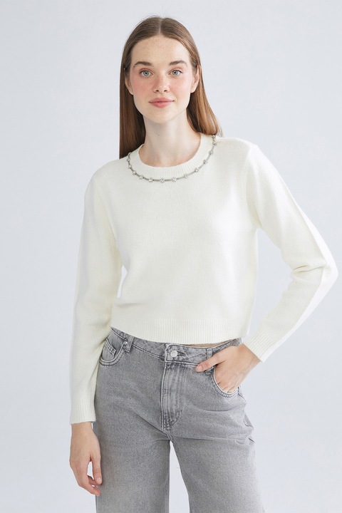 LC WAIKIKI, Pulover crop cu decolteu decorat, Alb/Argintiu