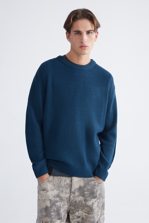 LC WAIKIKI, Pulover cu decolteu la baza gatului si aspect texturat, Albastru petrol