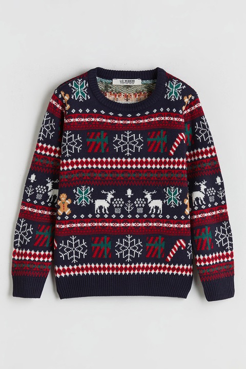 LC WAIKIKI, Pulover cu decolteu la baza gatului si model de Craciun, Rosu/Alb/Bleumarin