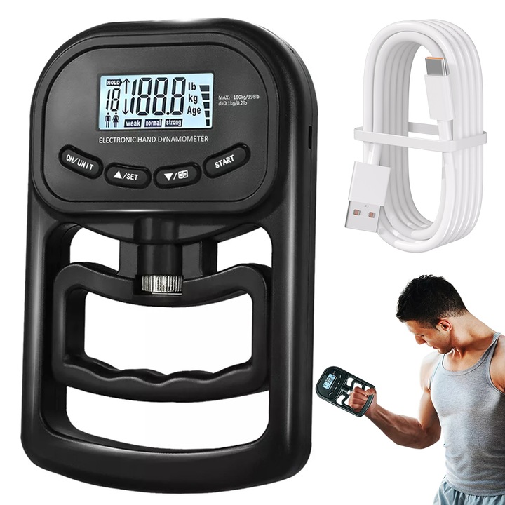 Дигитален динамометър Juksun, максимален капацитет 180 кг, LCD дисплей, ергономична дръжка, черен, размери 19.5x12.5x3 см