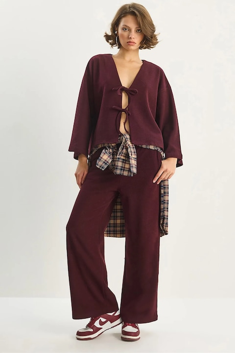 Set cardigan tricotat cu decolteu in V si pantaloni largi Bianco Lucci, rosu burgundy, jerseu
