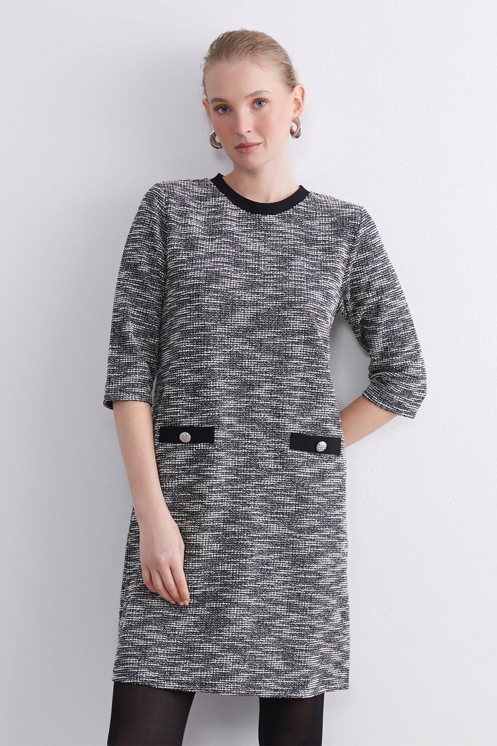 LC WAIKIKI, Rochie scurta cu maneci medii, Alb, Gri inchis, 36