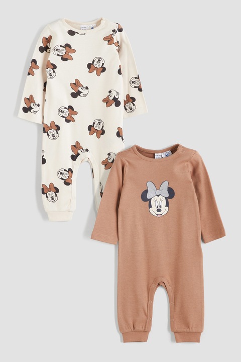 LC WAIKIKI, Set de salopeta lunga de bumbac cu imprimeu Minnie Mouse - 2 piese, Alb/Maro deschis/Negru