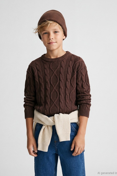 LC WAIKIKI, Pulover cu decolteu la baza gatului si model cu torsade, Maro inchis