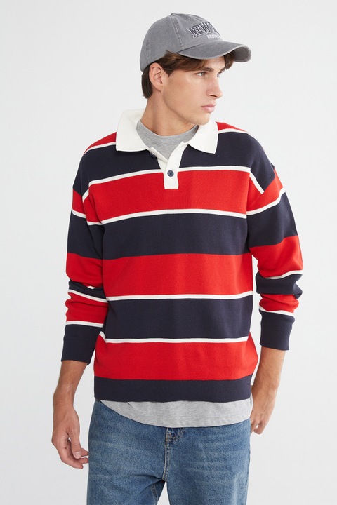 LC WAIKIKI, Pulover polo cu dungi, Rosu/Alb/Bleumarin, S