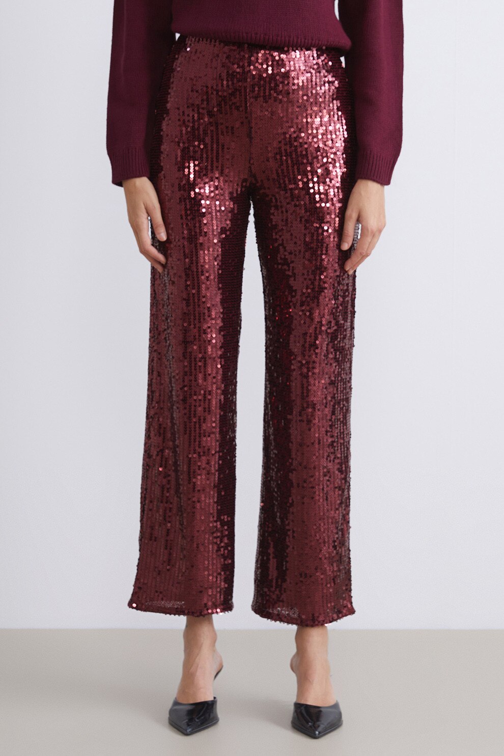 LC WAIKIKI, Pantaloni crop cu paiete, Rosu inchis, M